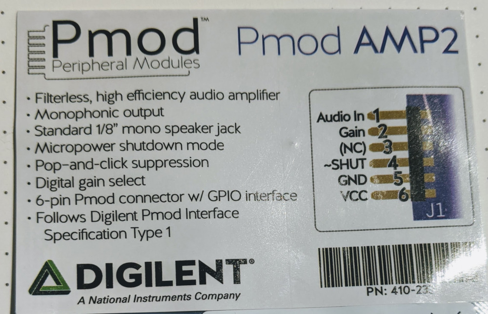 Label of the PMOD AMP2 package, showing pin out